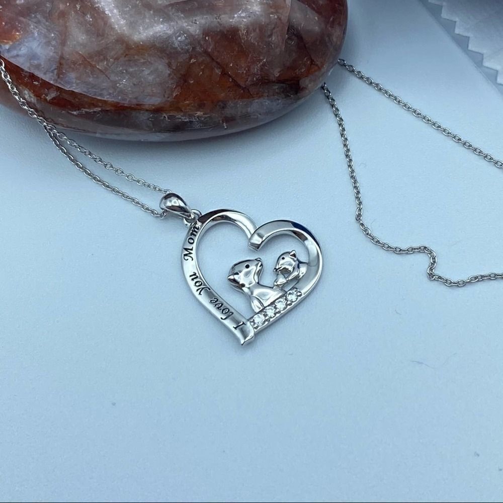 I Love You Mom African Mongoose Sterling Silver Cz Heart Necklace